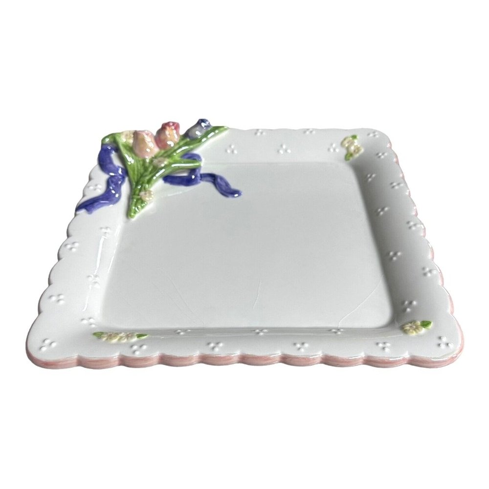Ganz Bella Casa 8" Square Ceramic Plate 3D Roses Purple Bow Scalloped Iridescent